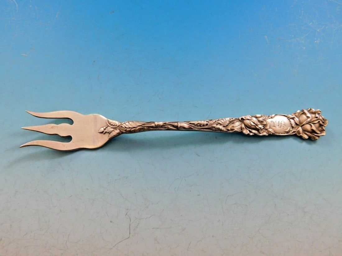 Alvin Bridal Rose Sterling Silver Cocktail Fork 5.5 Inch Art Nouveau Design: Alvin Bridal Rose Sterling Silver Cocktail Fork 5.5 Inch Art Nouveau Design This exquisite cocktail fork features the Bridal Rose pattern by Alvin, crafted from high-quality sterling silver. Measuring