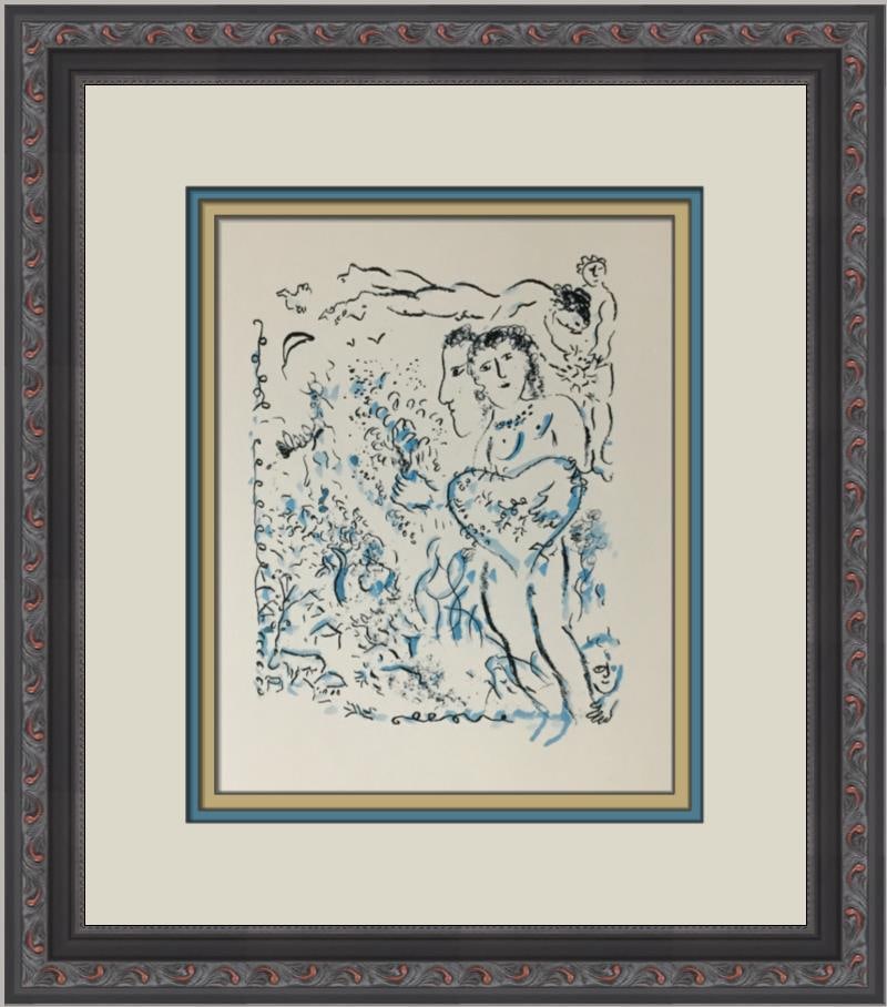 Marc Chagall Preparatory Maquette II Custom Framed Lithograph 1984: Marc Chagall Preparatory Maquette II Custom Framed Lithograph 1984 This exquisite custom framed print titled "Preparatory Maquette II" by renowned artist Marc Chagall embodies elements of Cubism, Mode