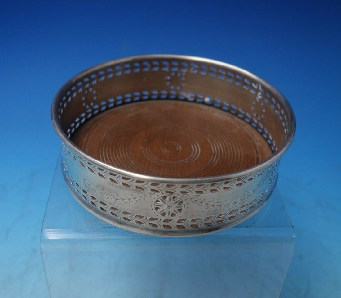 Elegant Silverplate Champagne Coaster with Floral Design and Wood Base (1 of 8)