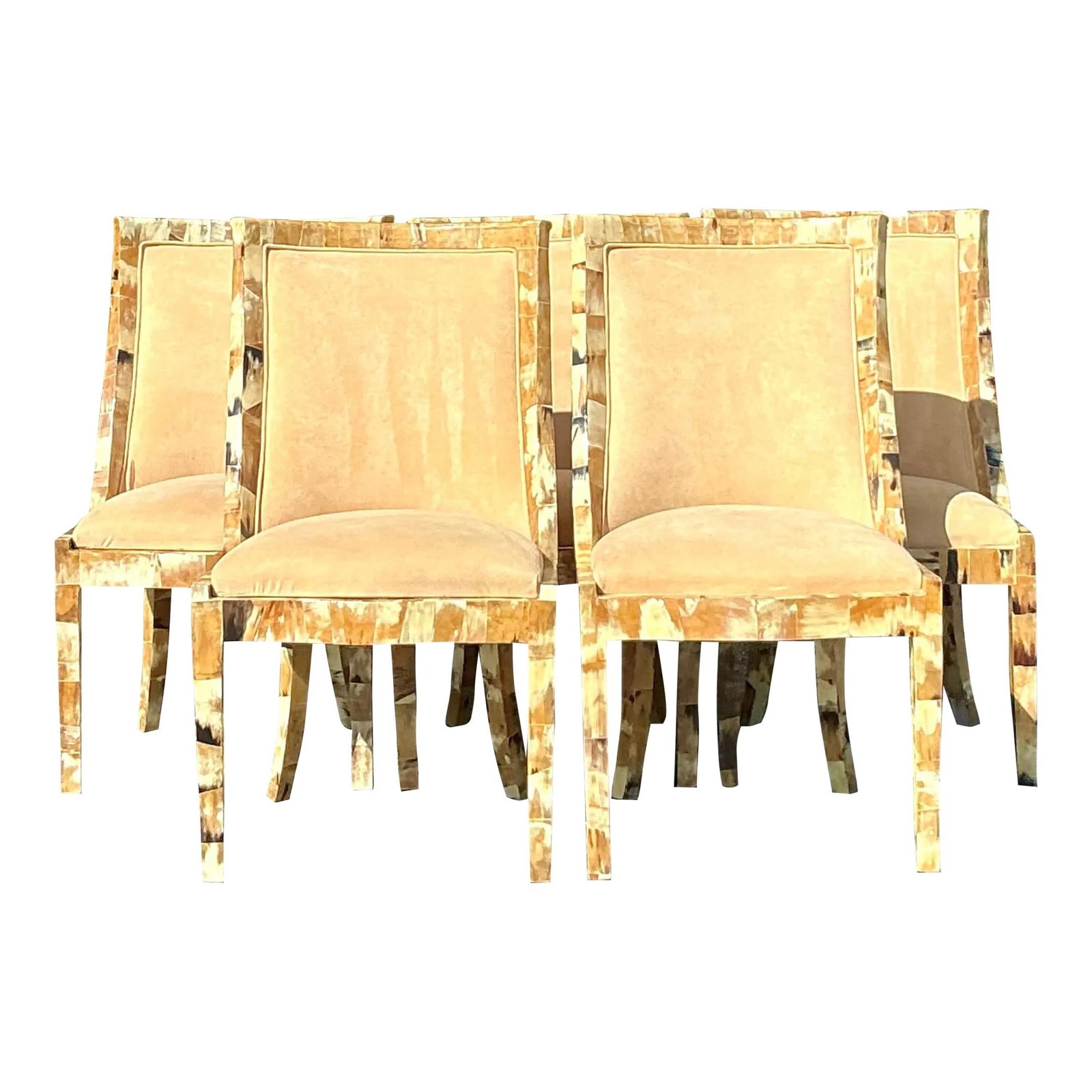 Set of 5 Vintage Boho Horn Dining Chairs with Camel Suede Upholstery: Set of 5 Vintage Boho Horn Dining Chairs with Camel Suede Upholstery Transform your dining area with this captivating set of five vintage boho horn dining chairs. Each chair features a unique horn ven