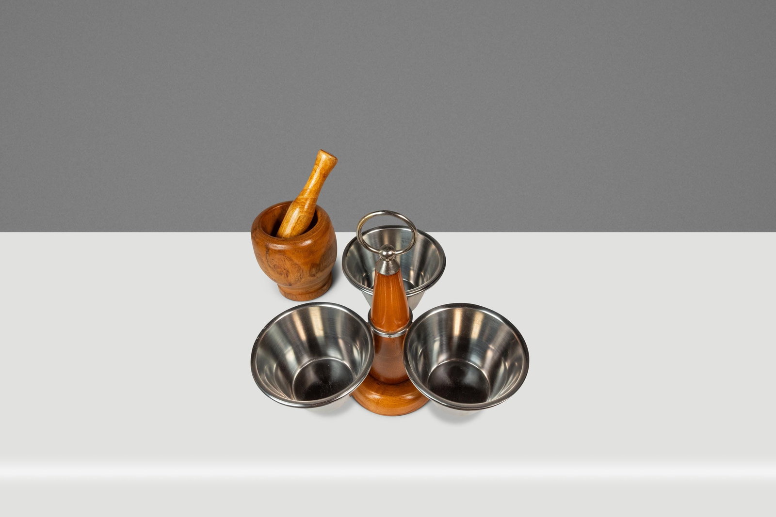 Scandinavian Oak and Steel 1960s Condiment Carousel with Mortar and Pestle (1 of 16)