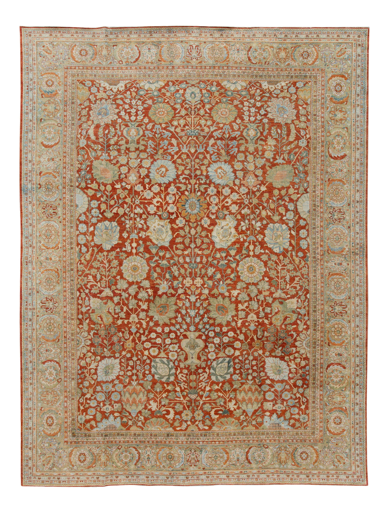 Vintage Persian Tabriz Hand-Knotted Wool Rug 9'10 x 13 Red: Vintage Persian Tabriz Hand-Knotted Wool Rug 9'10 x 13 Red This exquisite vintage Persian Tabriz rug features a stunning red field adorned with beautiful geometric floral designs in blue, beige, and i