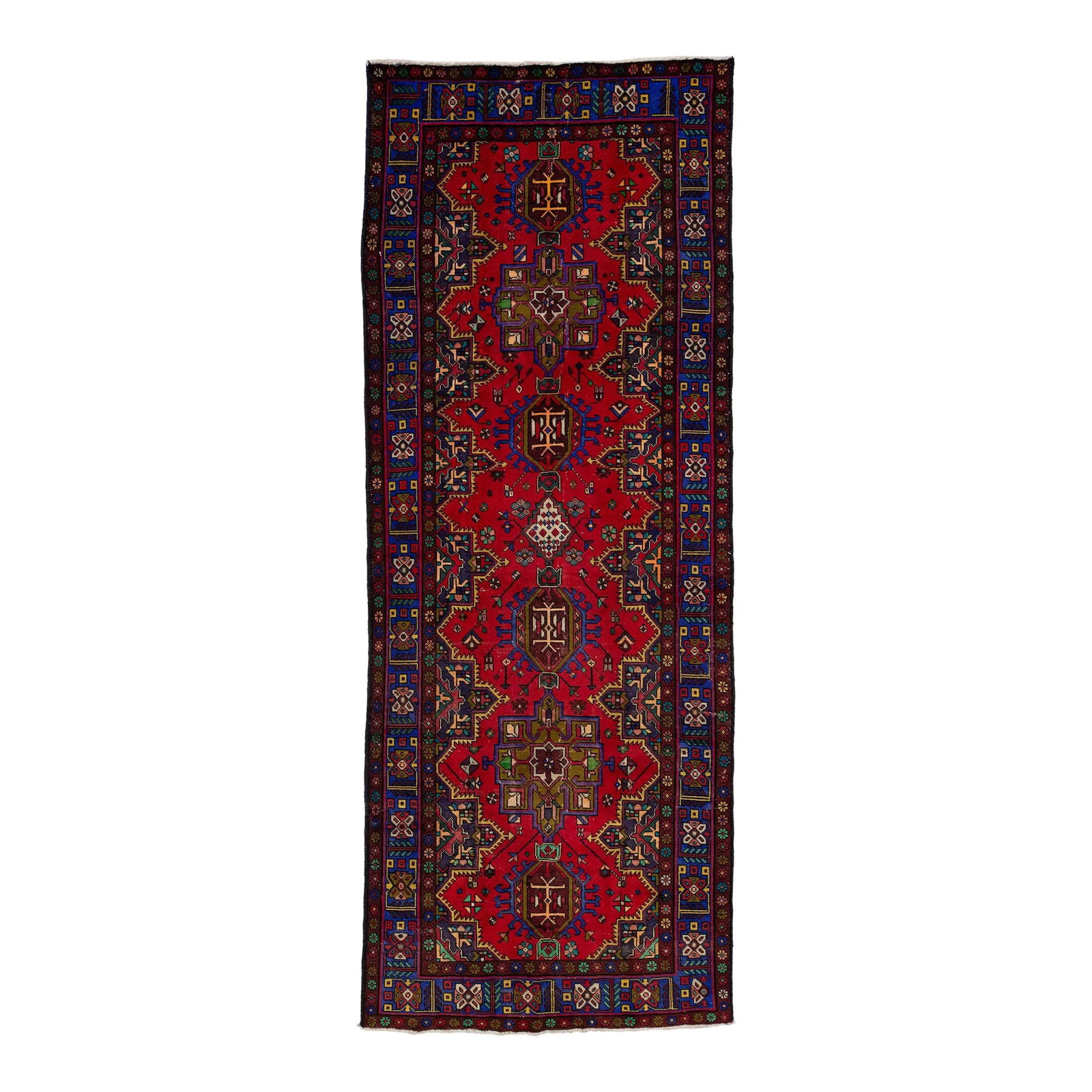 Vintage 1960s Handmade Heriz Wool Runner Red Multicolor Design 5' x 13'1: Vintage 1960s Handmade Heriz Wool Runner Red Multicolor Design 5' x 13'1 This exquisite handmade wool Persian runner features a vibrant red field adorned with a captivating multicolor tribal design. P