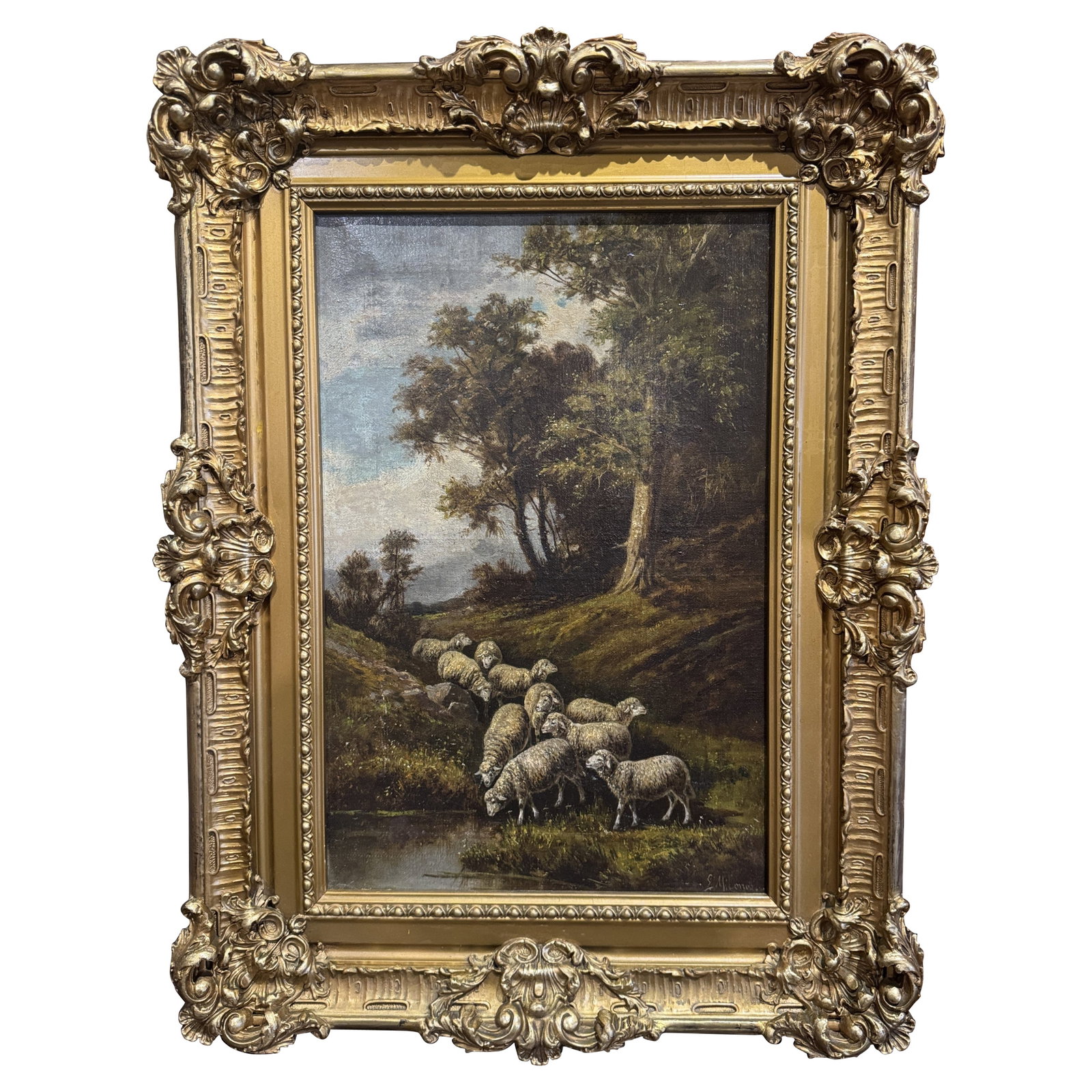 19th Century Italian Pastoral Oil Painting by G. Milone in Gilt Rococo Frame: 19th Century Italian Pastoral Oil Painting by G. Milone in Gilt Rococo Frame This exquisite 19th Century Italian oil painting, signed by the artist G. Milone, captures a serene countryside landscape f