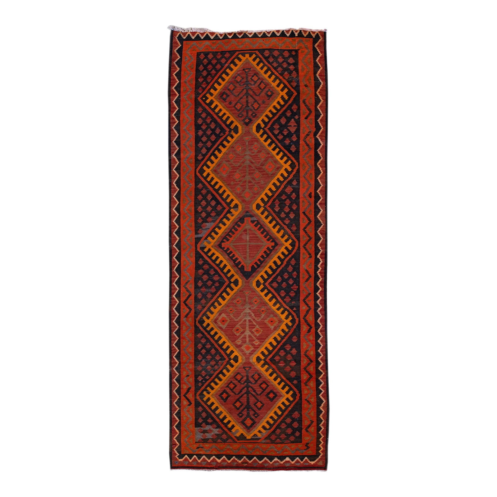 Vintage Handmade Tribal Motif Wool Runner 4'4" x 12'3": Vintage Handmade Tribal Motif Wool Runner 4'4" x 12'3" This stunning vintage kilim runner showcases a handmade wool construction with a striking brick-red field. Adorned with intricate tribal motifs i