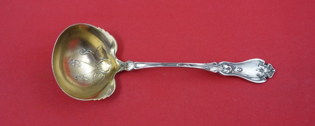 Sterling Silver Gold Washed Sauce Ladle Violet Pattern by Whiting 6 1/4 Inch: Sterling Silver Gold Washed Sauce Ladle Violet Pattern by Whiting 6 1/4 Inch This sauce ladle is crafted in sterling silver with a gold-washed finish and features the Violet pattern by Whiting. Measur