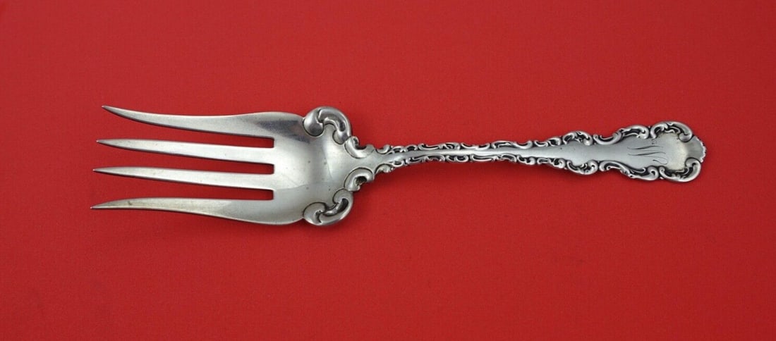 Whiting Louis XV Sterling Silver Beef Fork 6 3/4 Inch Monogrammed: Whiting Louis XV Sterling Silver Beef Fork 6 3/4 Inch Monogrammed This exquisite serving fork from Whiting showcases the elegant Louis XV pattern, characterized by its ornate scroll shoulders and slig