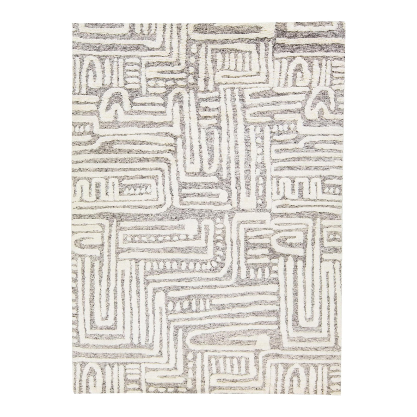 Handmade Abstract Wool Rug 8'11" x 12': Handmade Abstract Wool Rug 8'11" x 12' Enhance your space with this stunning modern Moroccan style handmade wool rug. Featuring a light gray color field with elegant ivory accents, it showcases a mesm