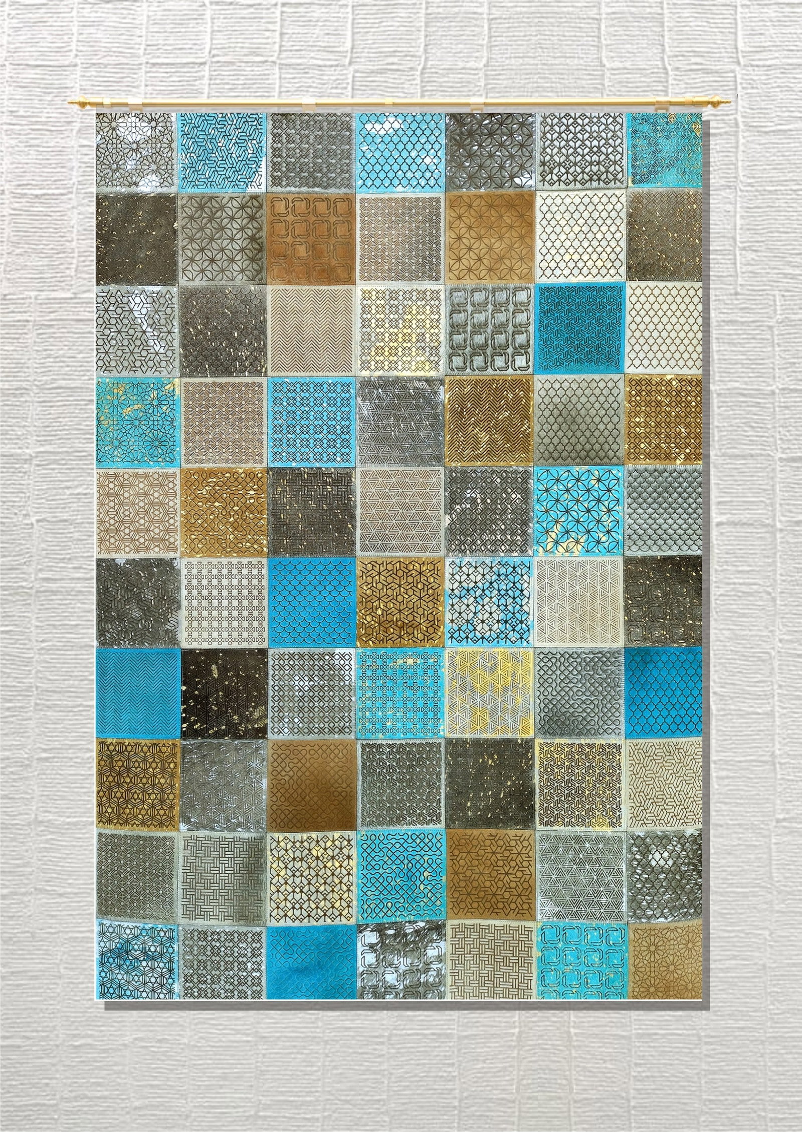 Handmade Moroccan Tile Mosaic Cowhide Leather Rug Azure Gold 3FT x 5FT (1 of 1)