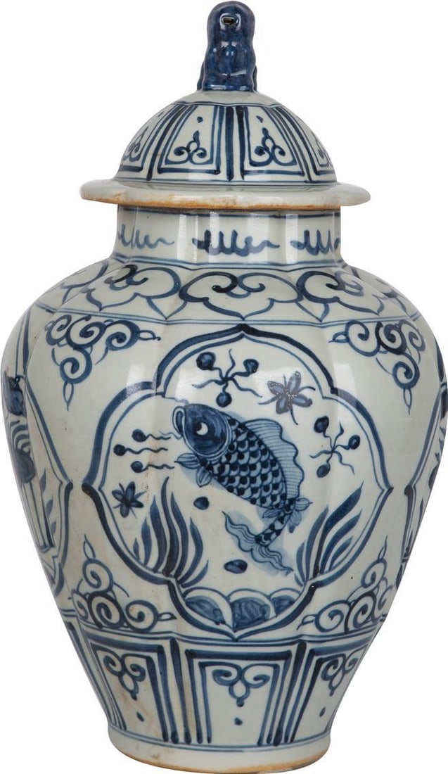 Handmade Chinoiserie Ceramic Jar with Fish Design Blue White Glaze (1 of 3)
