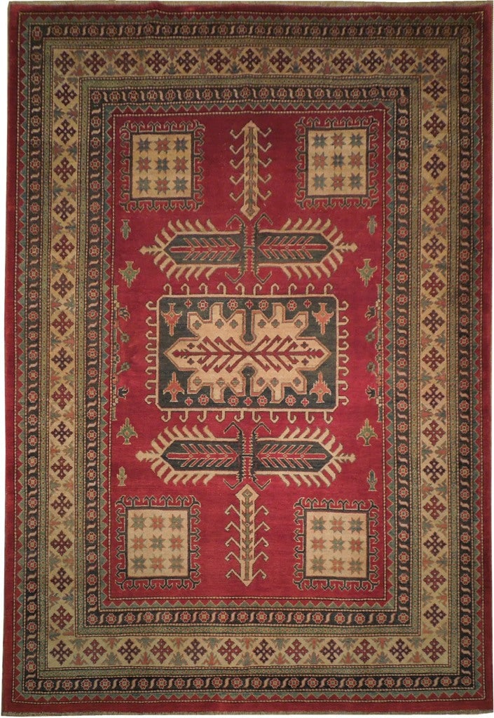 Vibrant 7.1 x 10.4 Handmade Orange Red Kazak Wool Rug: Vibrant 7.1 x 10.4 Handmade Orange Red Kazak Wool Rug Free continental US Shipping Enhance your living space with this stunning handmade Kazak wool rug from Pakistan. Measuring 7.1 x 10.4 feet, this r