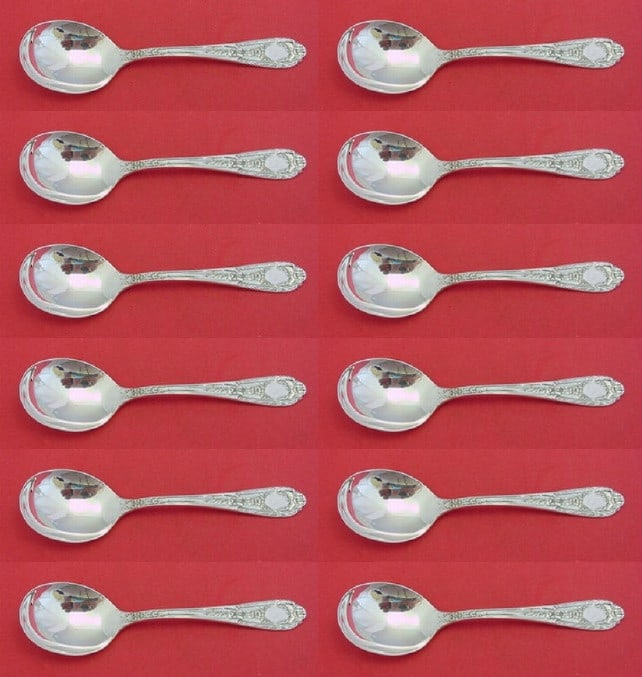 International Silver Fontaine 12 Piece Sterling Silver Cream Soup Spoon Set: International Silver Fontaine 12 Piece Sterling Silver Cream Soup Spoon Set This exquisite 12-piece set of cream soup spoons in the Fontaine pattern by International Sterling is crafted from high-qual