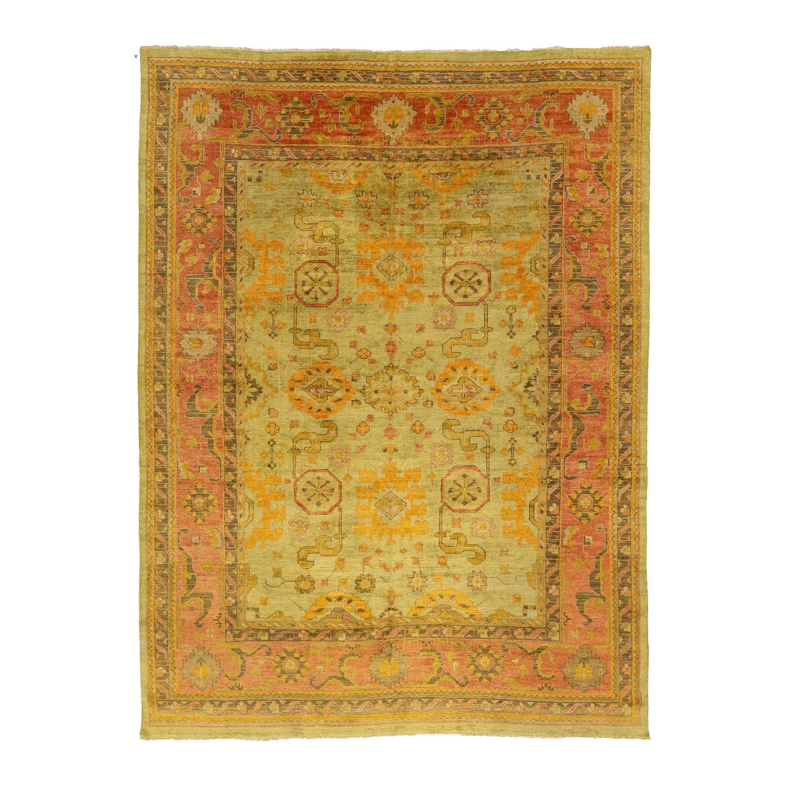 Handmade Vintage Oushak Wool Rug 10' x 13'7' Olive Green Design: Handmade Vintage Oushak Wool Rug 10' x 13'7' Olive Green Design This exquisite hand-knotted wool rug showcases a captivating Vintage Oushak design. The elegant olive green field is beautifully complem