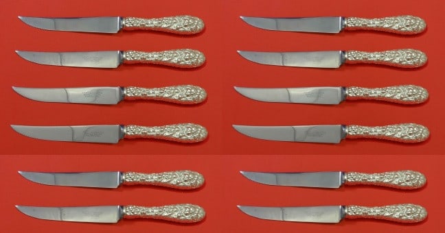 Stieff Rose Sterling Silver Steak Knife Set 12 pcs Serrated 8 1/2": Stieff Rose Sterling Silver Steak Knife Set 12 pcs Serrated 8 1/2" This exquisite custom set of steak knives features the elegant 'Rose' pattern by Stieff, crafted from sterling silver with hollow han