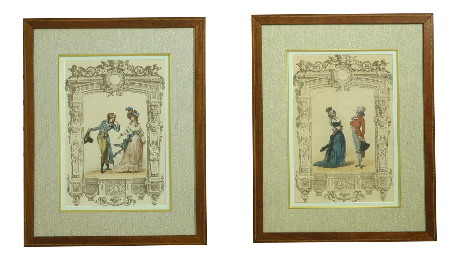 Vintage Classical Colored Engravings Pair in Mahogany Frames (1 of 10)