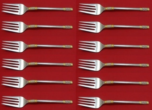 Wallace Aegean Weave Gold Sterling Silver Salad Forks Set of 12: Wallace Aegean Weave Gold Sterling Silver Salad Forks Set of 12 This exquisite set of 12 salad forks, crafted from high-quality sterling silver, features the elegant Aegean Weave Gold pattern by Walla