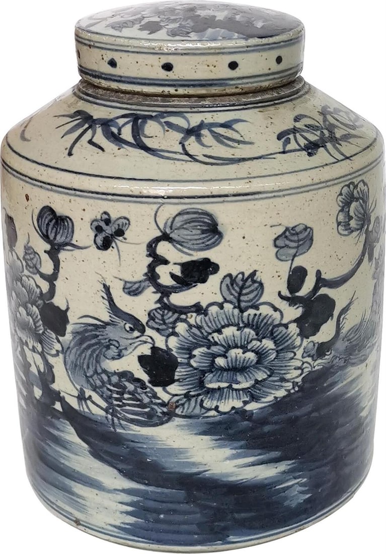 Handmade Ceramic Tea Jar Chinoiserie Bird Floral Motif 13H 9W 9D (1 of 1)