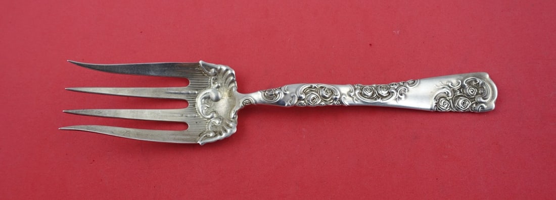 Whiting Rose and Scroll Sterling Silver Salad Fork 8 7/8" Splayed Tines: Whiting Rose and Scroll Sterling Silver Salad Fork 8 7/8" Splayed Tines This exquisite salad serving fork features the elegant "Rose and Scroll" pattern by Whiting, crafted from high-quality sterling