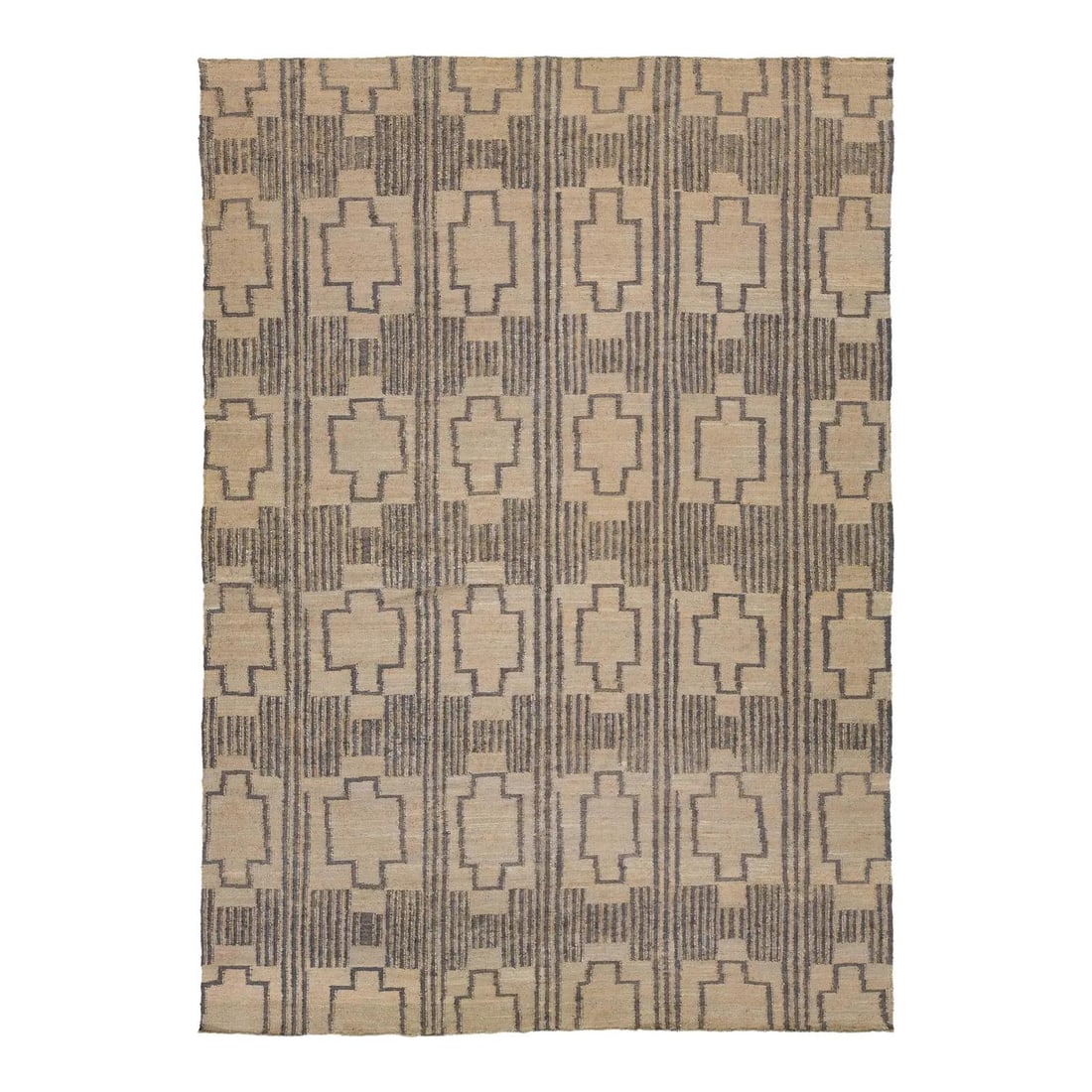 Contemporary Dhurrie Jute Rug 10'6 x 14'9 Tan Gray Accents: Contemporary Dhurrie Jute Rug 10'6 x 14'9 Tan Gray Accents Enhance your living space with this stunning flatweave natural jute rug, showcasing a contemporary Dhurrie design. The tan-beige base is beau