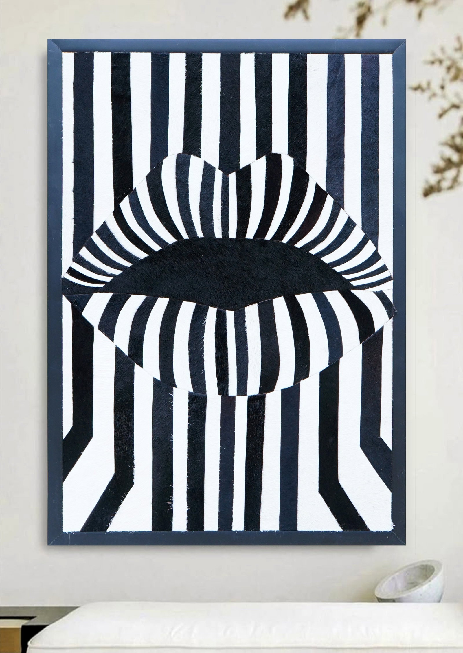 Handcrafted Black White Striped Lips Cowhide Mosaic Wall Art 12x12 (1 of 1)