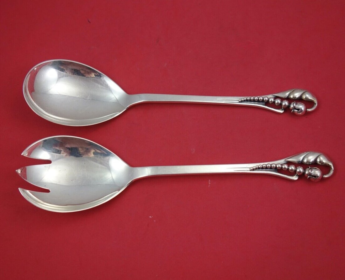 Danish Sterling Silver Salad Serving Set 10 1/4 by Toxvaerd: Danish Sterling Silver Salad Serving Set 10 1/4 by Toxvaerd This exquisite Danish Sterling Salad Serving Set features a stunning 3-dimensional modern blossom design with beads, crafted from high-quali