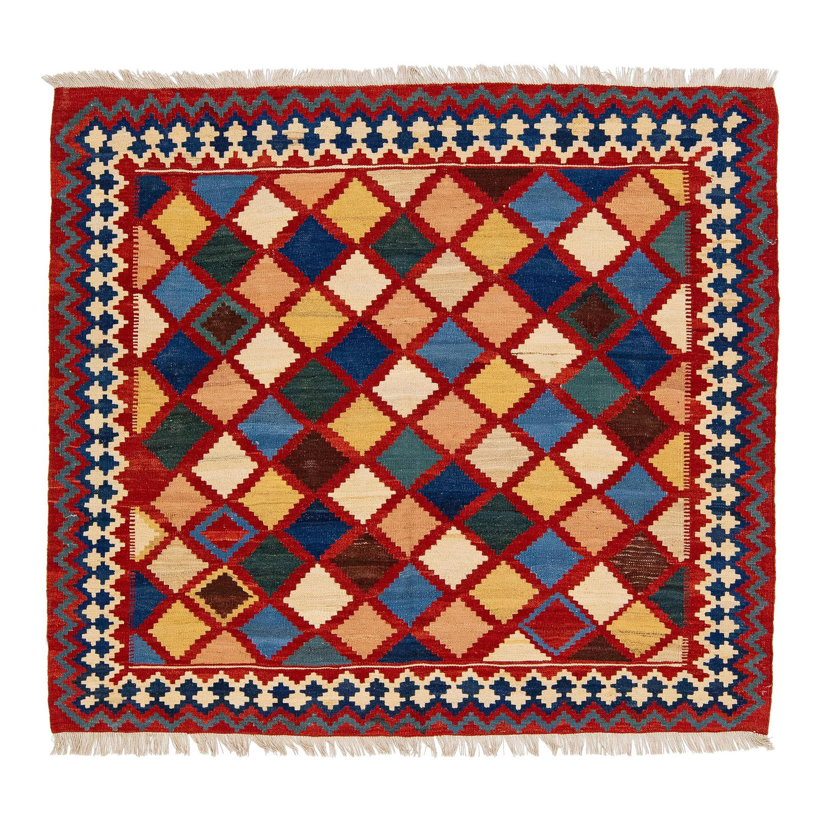 Vintage 1960s Handmade Multicolor Geometric Wool Kilim Rug 4'8" x 5'1": Vintage 1960s Handmade Multicolor Geometric Wool Kilim Rug 4'8" x 5'1" Add a touch of vintage elegance to your space with this stunning 1960s handmade square Kilim rug. Crafted from high-quality wool,