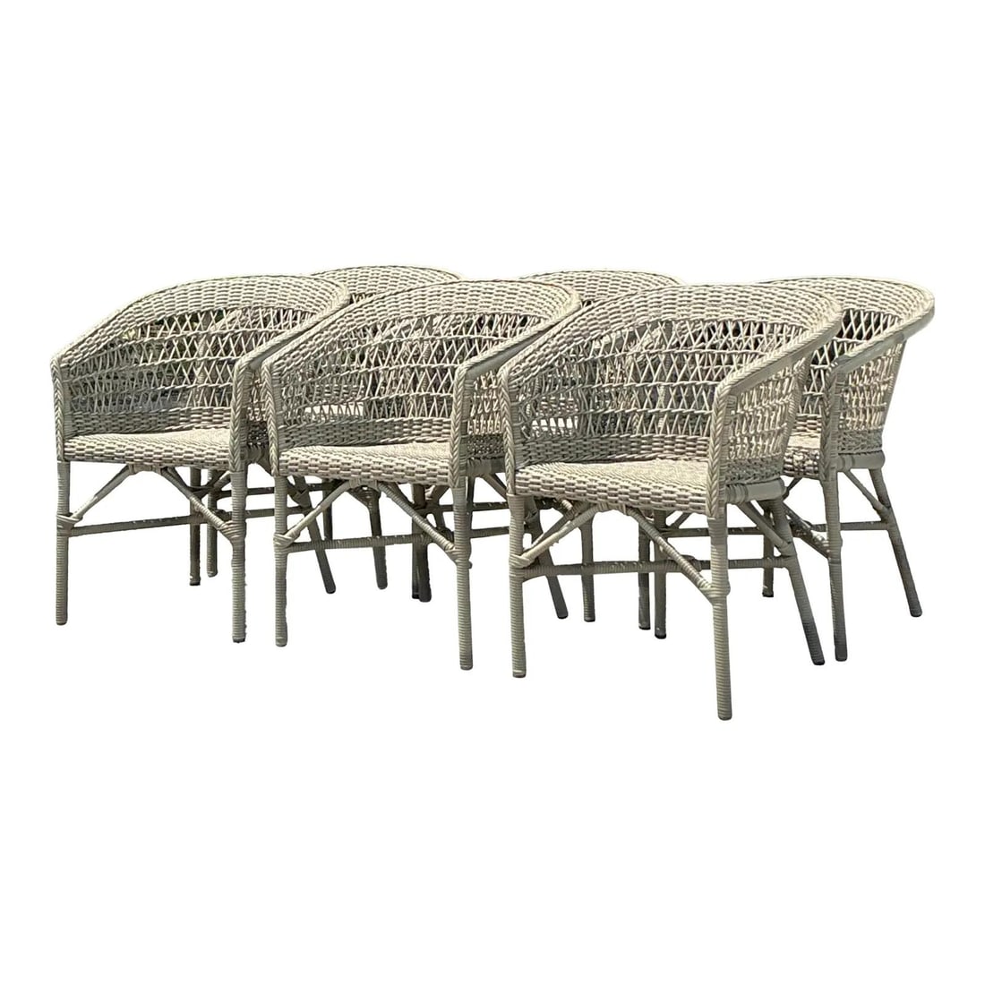 Set of 6 Vintage Sika Designs Woven Resin Rattan Dining Chairs: Set of 6 Vintage Sika Designs Woven Resin Rattan Dining Chairs Enhance your dining space or patio with this set of six vintage dining chairs by Sika Designs, expertly crafted from woven resin rattan.