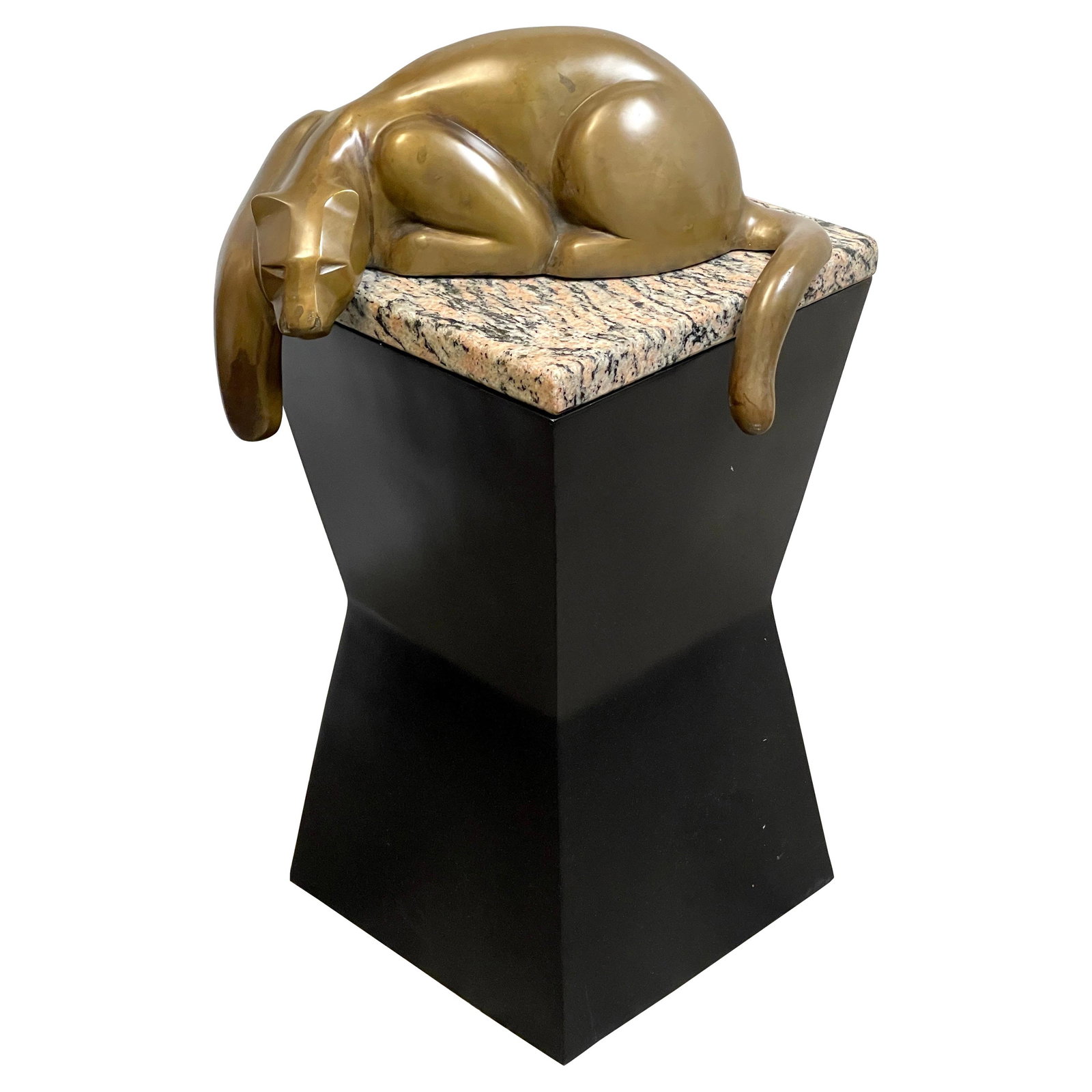 1970s Modern Bronze Panther Sculpture on Granite Base: 1970s Modern Bronze Panther Sculpture on Granite Base This striking modern bronze sculpture features a resting panther, exuding elegance and tranquility. Crafted in the 1970s, this artwork combines a