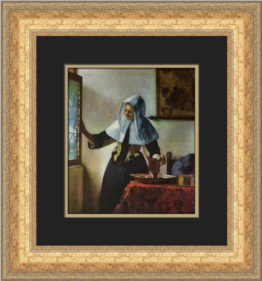 Johannes Vermeer Young Woman with a Water Jug Custom Framed Art Print: Johannes Vermeer Young Woman with a Water Jug Custom Framed Art Print This exquisite custom framed print features the iconic artwork 'Young Woman with a Water Jug' by Johannes Vermeer. Measuring 18 in