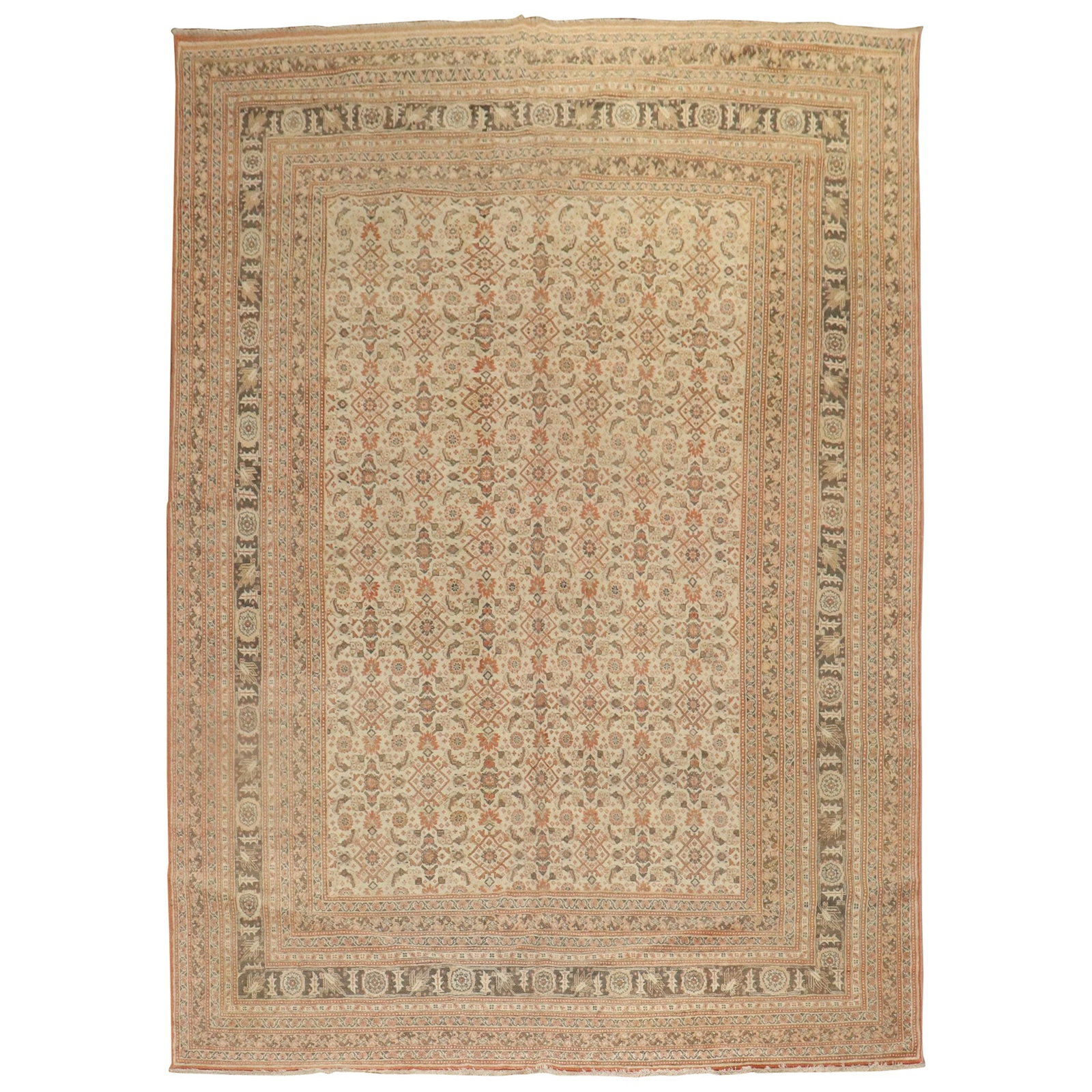 Antique Persian Tabriz Rug 1910 Wool Hand-Woven Ivory Terracotta 7'9 x 11'3: Antique Persian Tabriz Rug 1910 Wool Hand-Woven Ivory Terracotta 7'9 x 11'3 This exquisite Antique Persian Tabriz Rug from the early 20th century showcases a stunning ivory field adorned with terracot