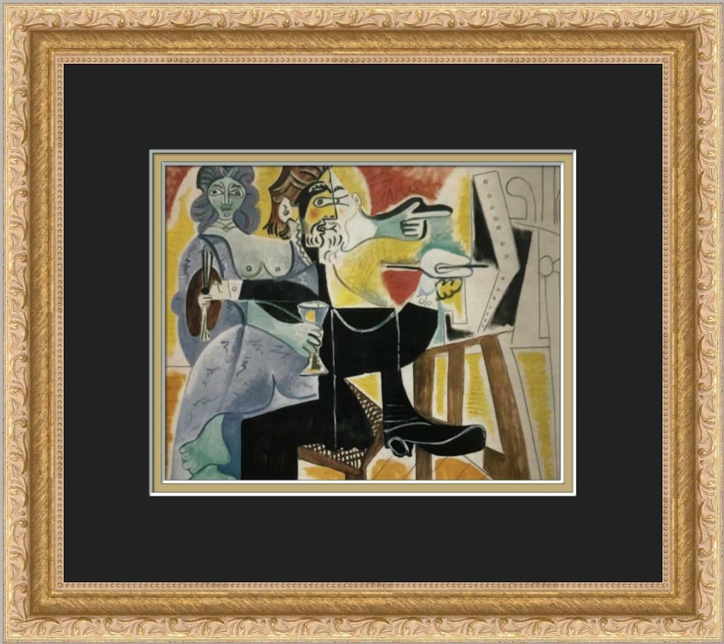 Pablo Picasso Rembrandt and Saskia Custom Framed Lithograph Art Print: Pablo Picasso Rembrandt and Saskia Custom Framed Lithograph Art Print This exquisite print features Pablo Picasso's interpretation of Rembrandt and Saskia, beautifully custom framed to enhance its art