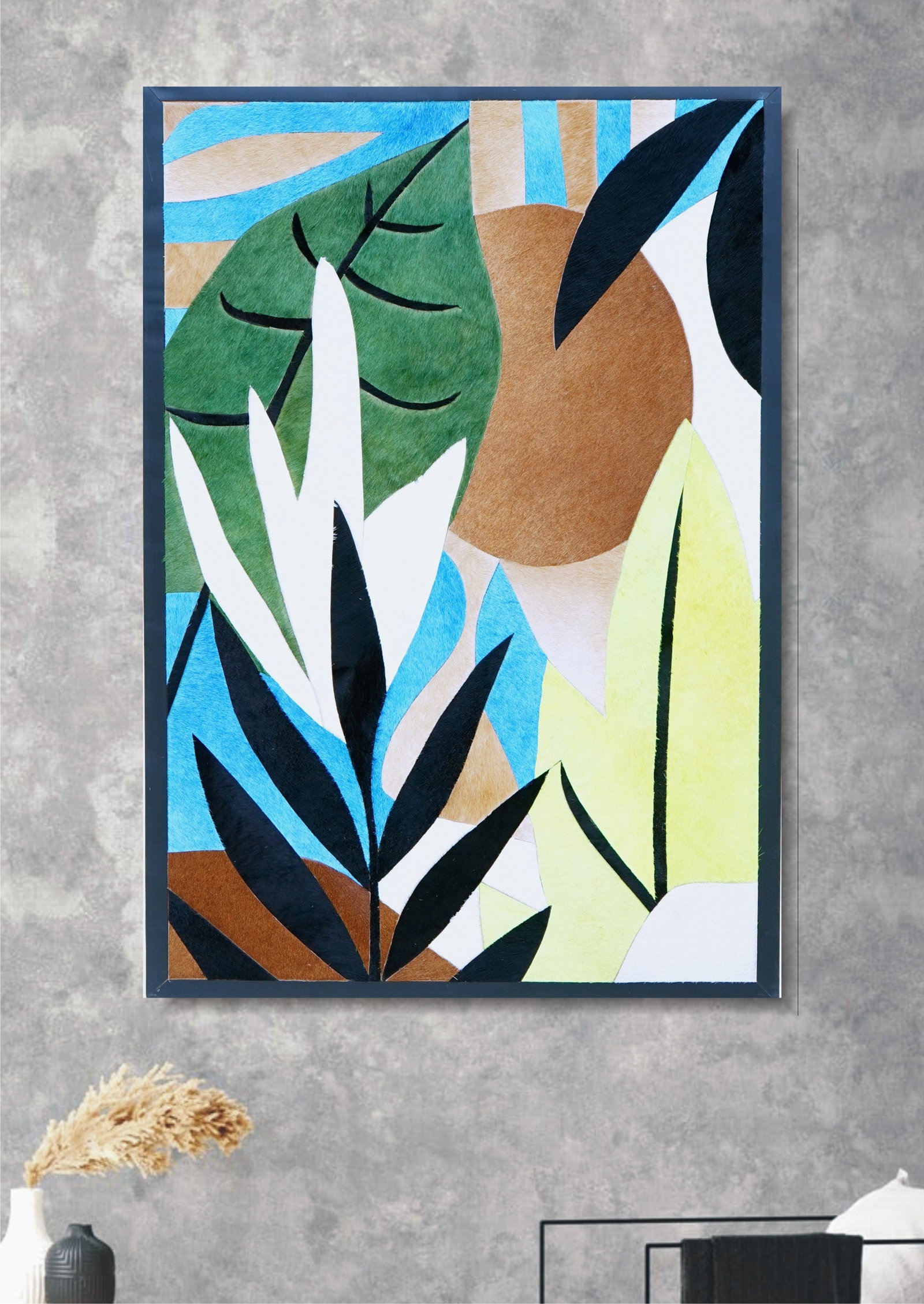 Handcrafted Cowhide Mosaic Wall Art with Modern Tropical Leaf Design (1 of 1)