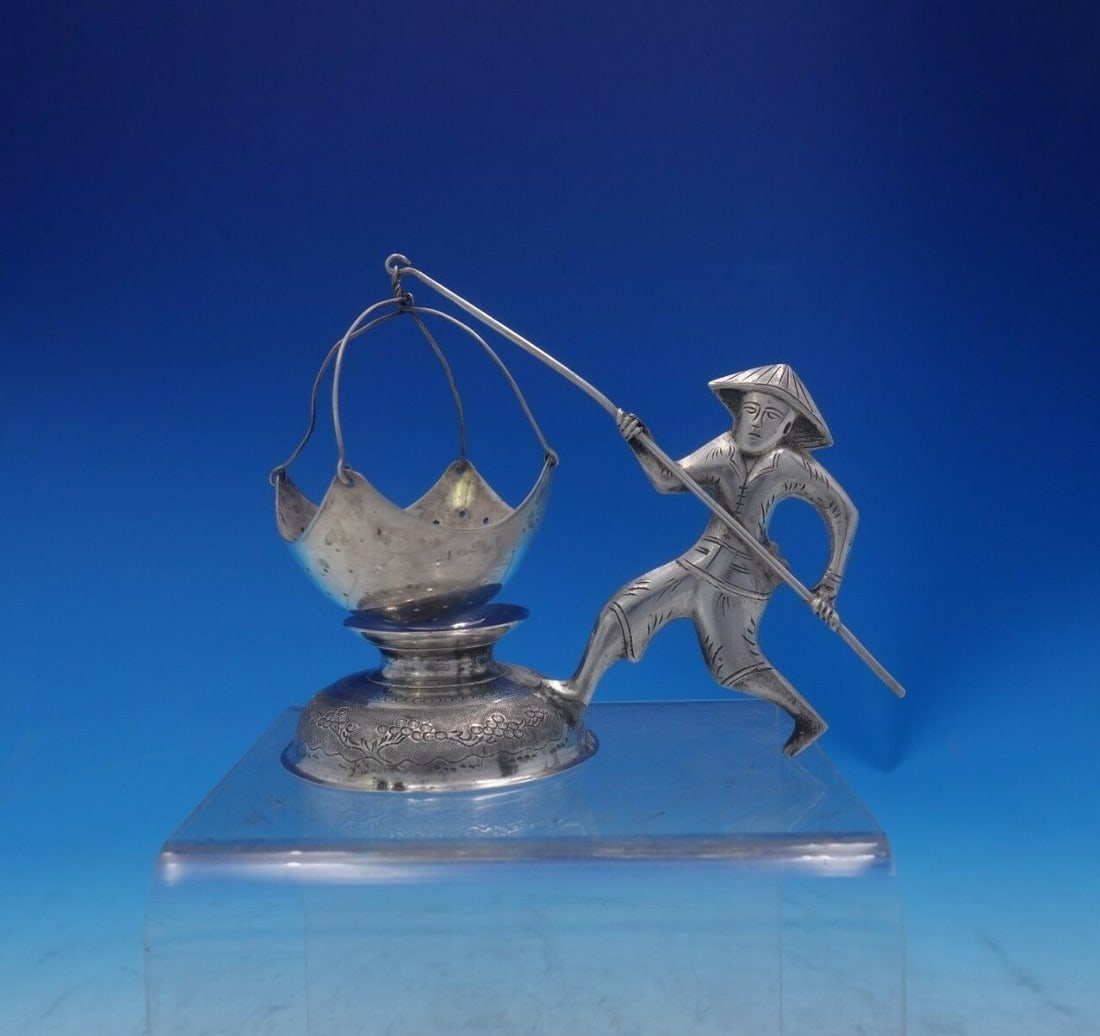 .900 Silver Tea Strainer Figural Man Fishing Pole Hanoi Vietnam (1 of 8)