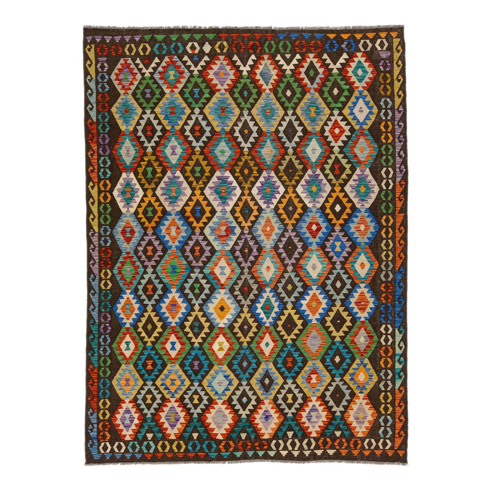 Vibrant Multicolor Kilim Wool Rug 8'6 x 11'5 Geometric Design: Vibrant Multicolor Kilim Wool Rug 8'6 x 11'5 Geometric Design Experience the vibrant elegance of this multicolor contemporary Kilim wool rug, showcasing a dynamic geometric pattern that enhances its m