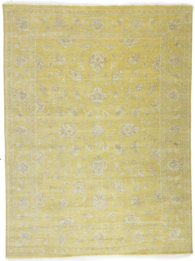 Hand-Knotted 9x12 ft Floral Gold Transitional Wool Area Rug: Hand-Knotted 9x12 ft Floral Gold Transitional Wool Area Rug Enhance your living space with this stunning 9x12 ft floral muted gold transitional wool Oriental rug. Hand-knotted from high-quality wool,