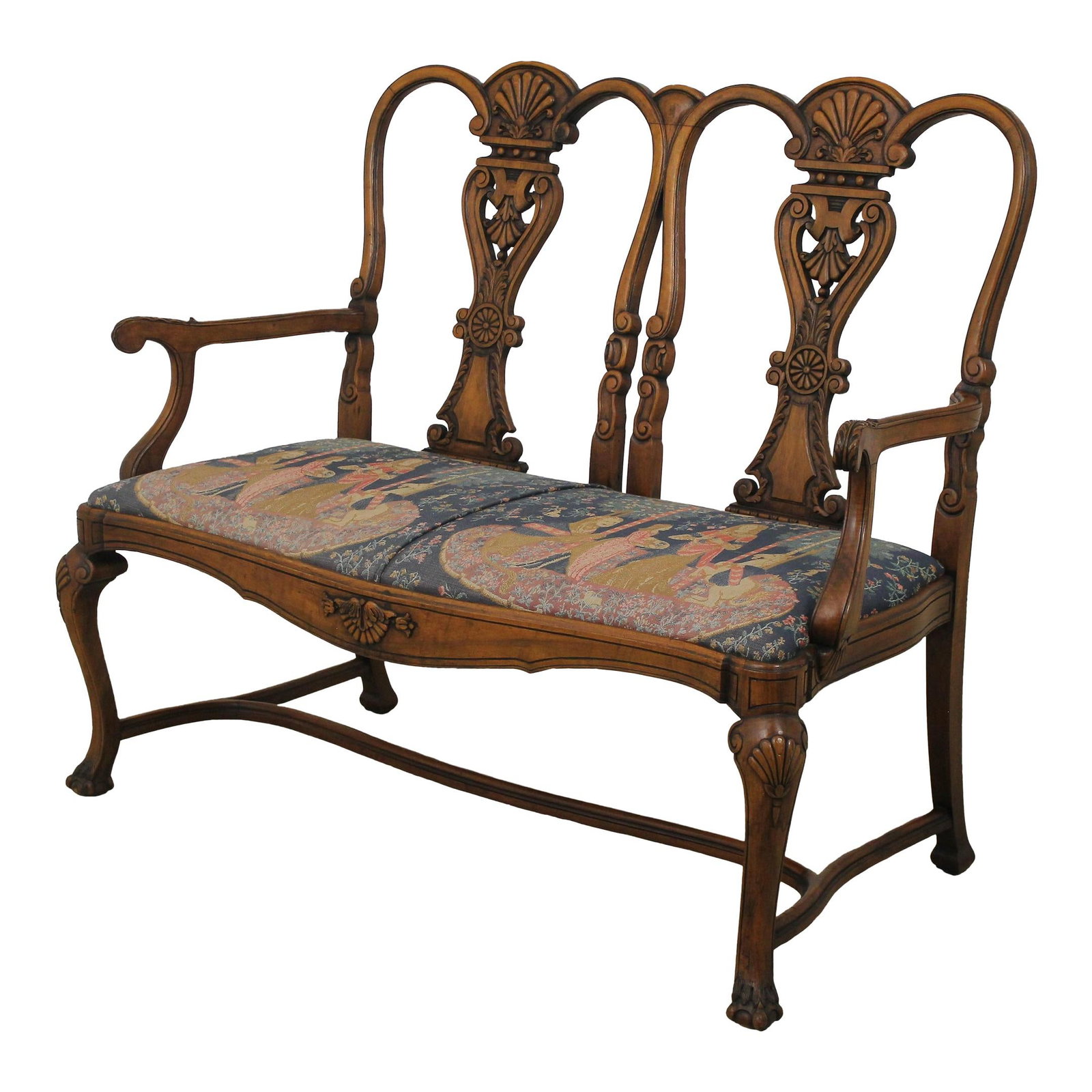 Exquisite English Queen Anne Walnut Double Back Settee Tapestry Upholstery (1 of 10)