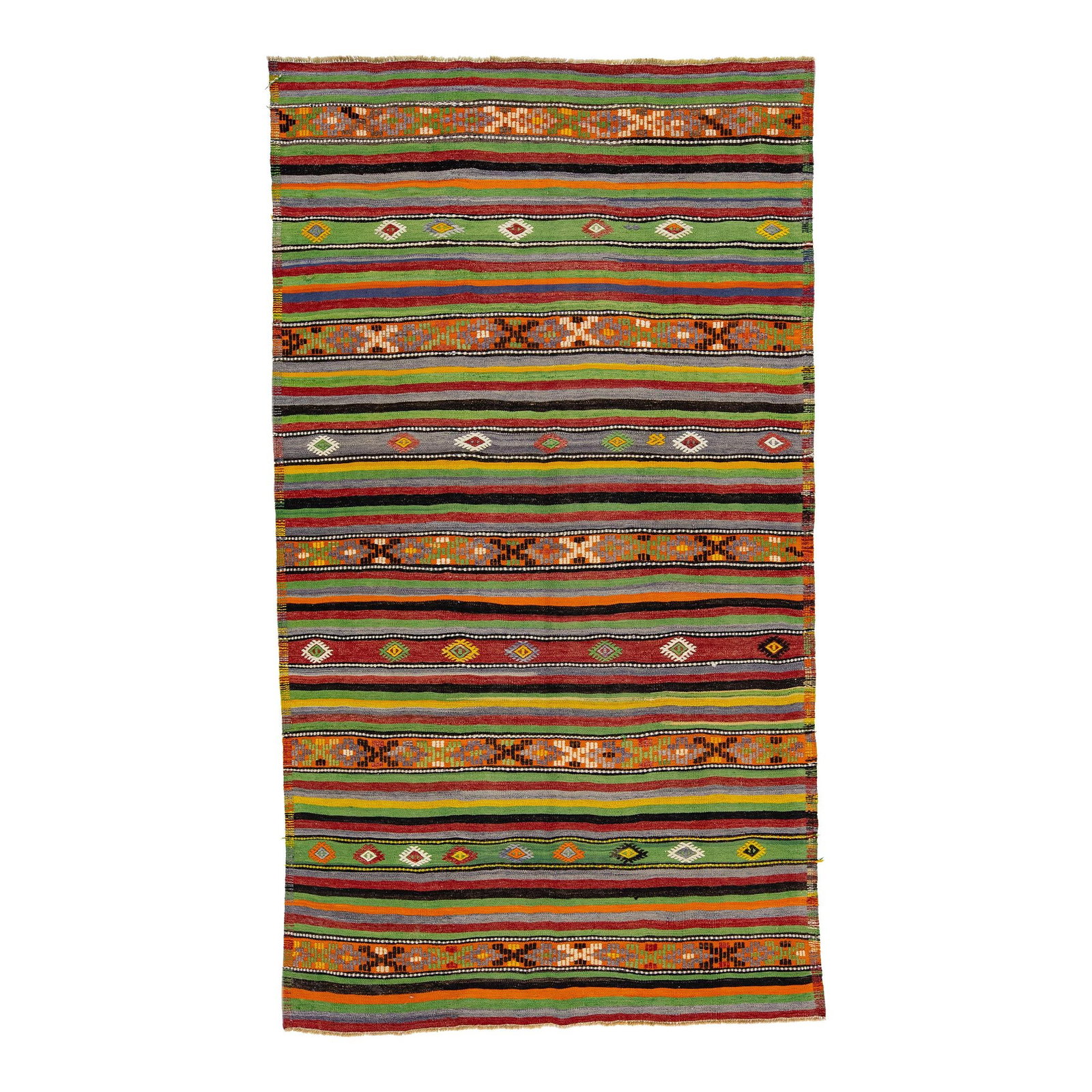 1960s Handmade Kilim Wool Rug Multicolor Geometric Stripe 5'3 x 9'6: 1960s Handmade Kilim Wool Rug Multicolor Geometric Stripe 5'3 x 9'6 This stunning 1960s vintage Kilim rug features a beautiful hand-knotted design with multicolor accents in an all-over geometric stri