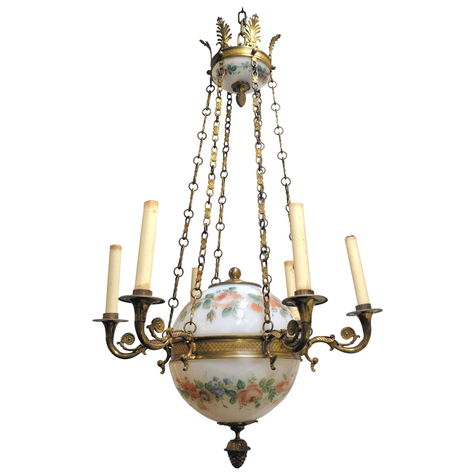 Empire Period Chandelier with Painted Opaline Glass and Bronze French 1920s: Empire Period Chandelier with Painted Opaline Glass and Bronze French 1920s This French Empire style chandelier features painted opaline glass and bronze elements, crafted using casting techniques. Or
