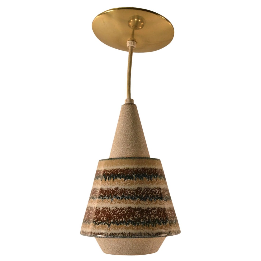Danish Modern Ceramic Pendant Fixture in Coffee Color: Danish Modern Ceramic Pendant Fixture in Coffee Color This charming ceramic pendant fixture embodies the essence of Danish Modern design, featuring a distinctive textured glaze on the top and bottom,