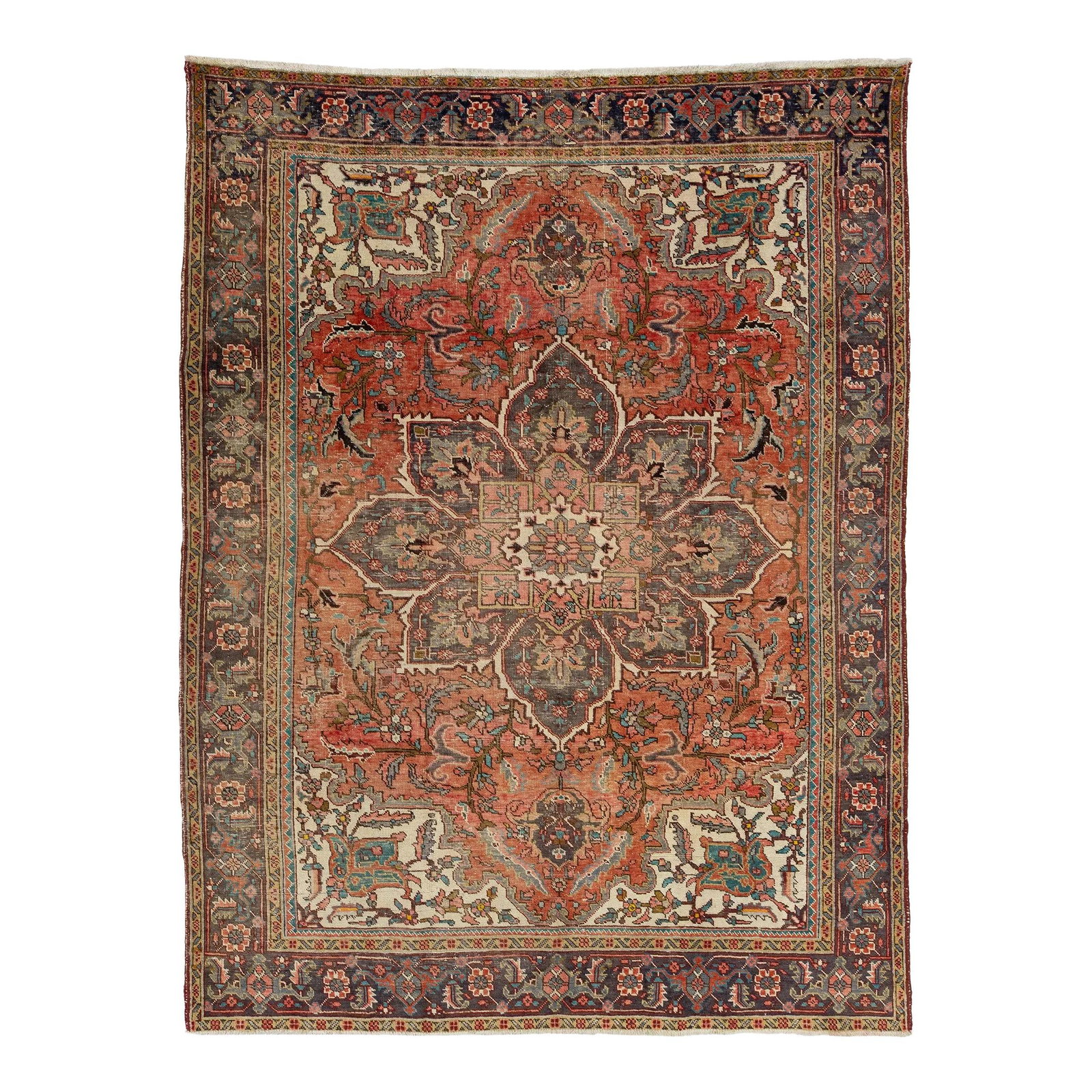 1950s Handmade Heriz Wool Rug Rust Medallion Design 8'2 x 11: 1950s Handmade Heriz Wool Rug Rust Medallion Design 8'2 x 11 Experience the elegance of a 1950s Vintage Handmade Heriz Wool Rug featuring a stunning rust color adorned with multicolor accents in a tra