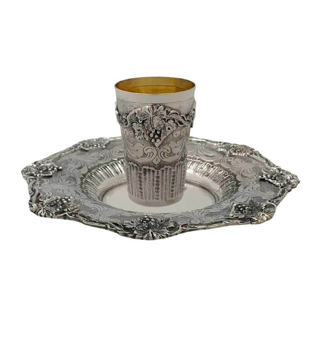 Handmade 925 Sterling Silver Cup and Tray with Leaf Grape Design (1 of 4)