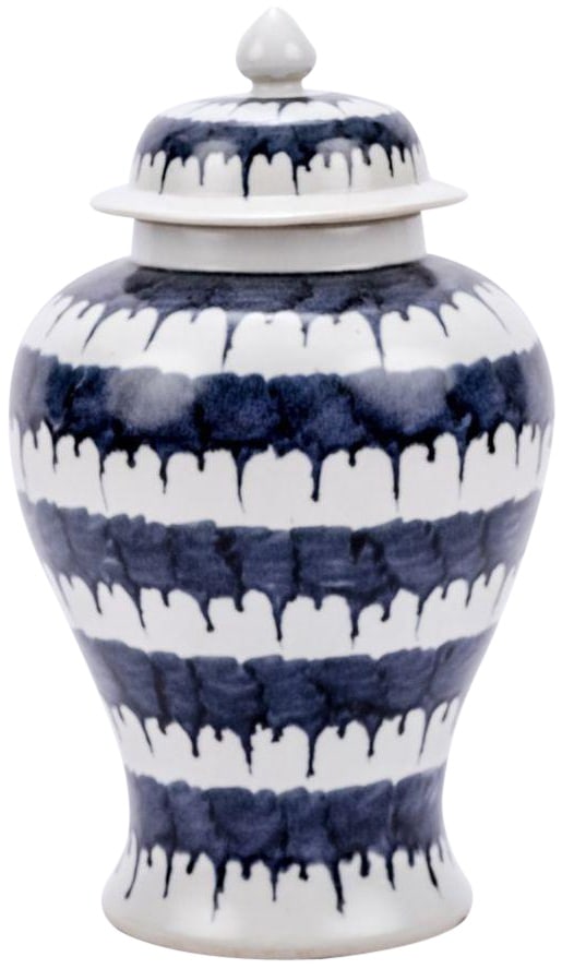 Chinoiserie Handmade Porcelain Temple Jar Blue White Drip Design: Chinoiserie Handmade Porcelain Temple Jar Blue White Drip Design This stunning handmade porcelain jar features an elegant blue and white drip design, making it a perfect addition to both traditional a