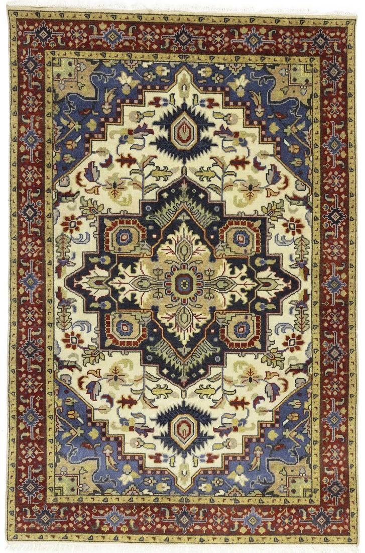 Hand-Knotted Wool Area Rug Geometric Pattern 6x9 ft Modern Rectangle: Hand-Knotted Wool Area Rug Geometric Pattern 6x9 ft Modern Rectangle This handmade Heriz Serapi-style area rug features a geometric pattern in cream, red, blue, buff beige, hale navy, and brown tones.
