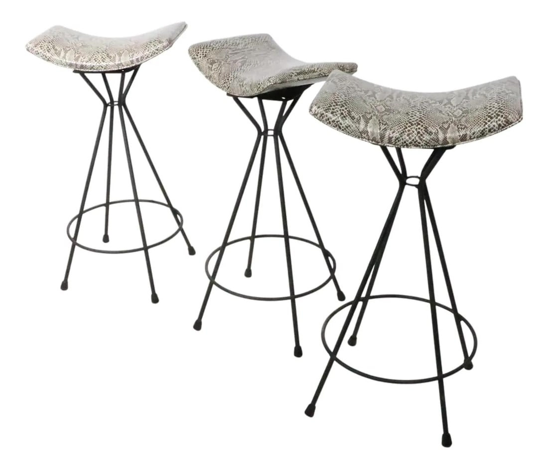 Set of 3 Mid Century Swivel Bar Stools Faux Python Vinyl Seats (1 of 10)