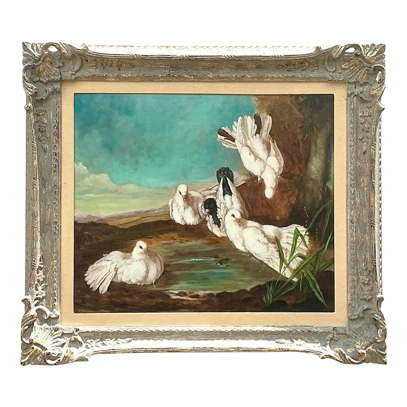 Vintage Regency Signed Oil Painting of Doves 34.5 x 30.5: Vintage Regency Signed Oil Painting of Doves 34.5 x 30.5 Elevate your interior decor with this Vintage Regency Original Oil Painting of Doves. This exquisite piece showcases serene doves, crafted with