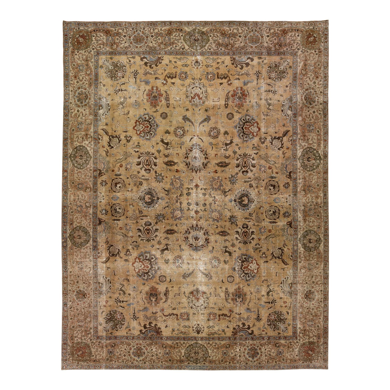 Antique Tabriz Handmade Wool Rug 11'5 x 14'11 Floral Design: Antique Tabriz Handmade Wool Rug 11'5 x 14'11 Floral Design This stunning antique Tabriz handmade wool rug features a rich brown color field adorned with an exquisite all-over floral motif in blue, gr
