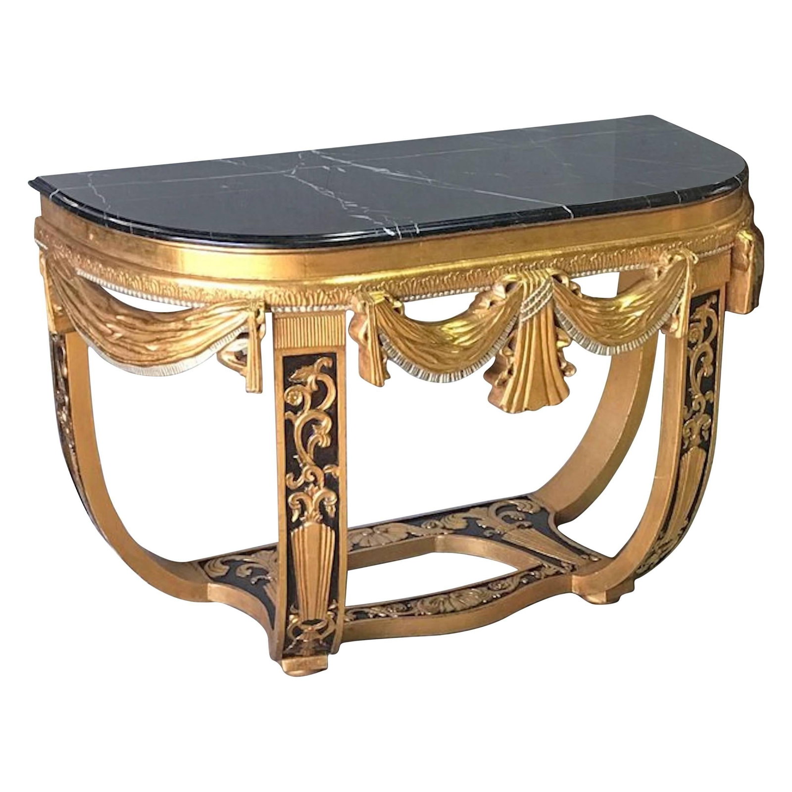 Art Deco Giltwood Console Table with Black Marble Top by Sue et Mare: Art Deco Giltwood Console Table with Black Marble Top by Sue et Mare This exquisite Art Deco console table features a giltwood and polychromed base with a striking black marble top. Inspired by the re