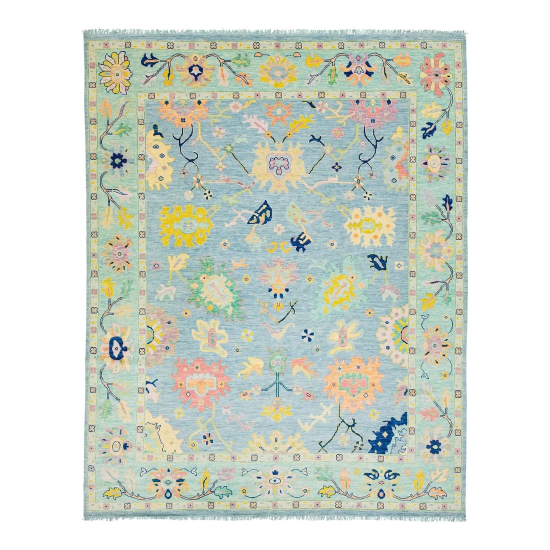 Stunning Modern Oushak Style Blue Floral Wool Rug 12'1" x 15'1": Stunning Modern Oushak Style Blue Floral Wool Rug 12'1" x 15'1" Elevate your space with this exquisite modern Oushak-style wool rug, which harmoniously combines contemporary aesthetics with the timele