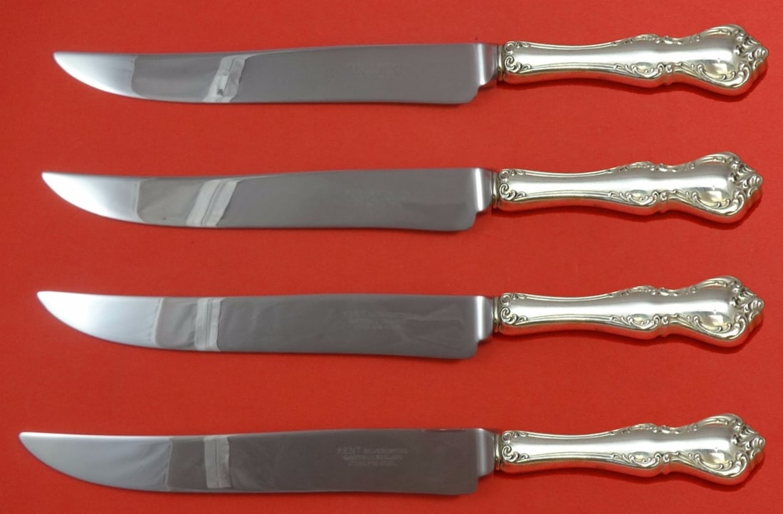 Towle Debussy Sterling Silver Steak Knife Set 4pc Texas Sized: Towle Debussy Sterling Silver Steak Knife Set 4pc Texas Sized This exquisite 4-piece steak knife set features the elegant Debussy pattern by Towle, crafted from high-quality sterling silver with stain