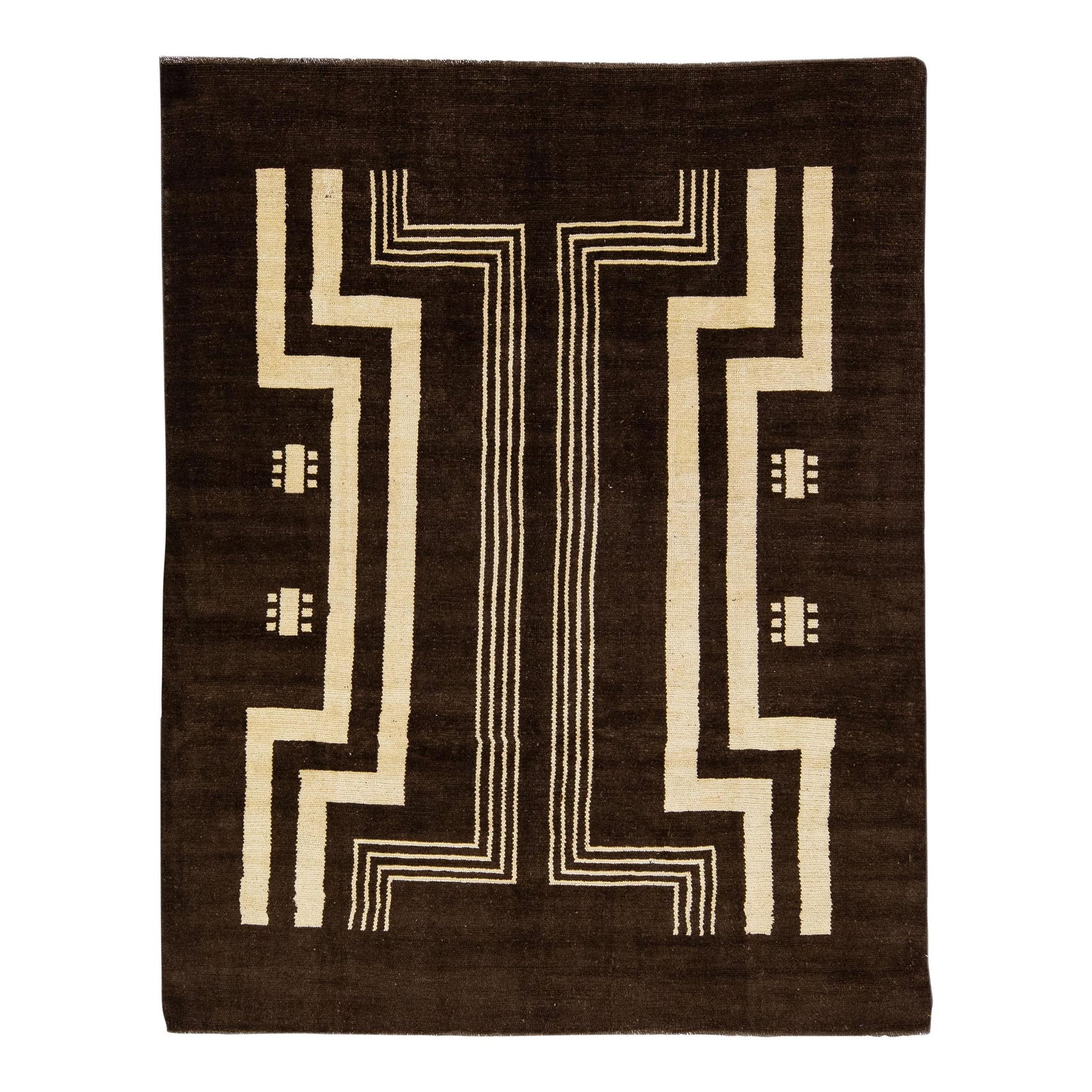 Transitional Art Deco Handmade Wool Rug 7' x 9' Tribal Design Dark Brown: Transitional Art Deco Handmade Wool Rug 7' x 9' Tribal Design Dark Brown Elevate your space with this stunning Transitional Art Deco handmade wool rug from our Northwest collection. Featuring a rich d